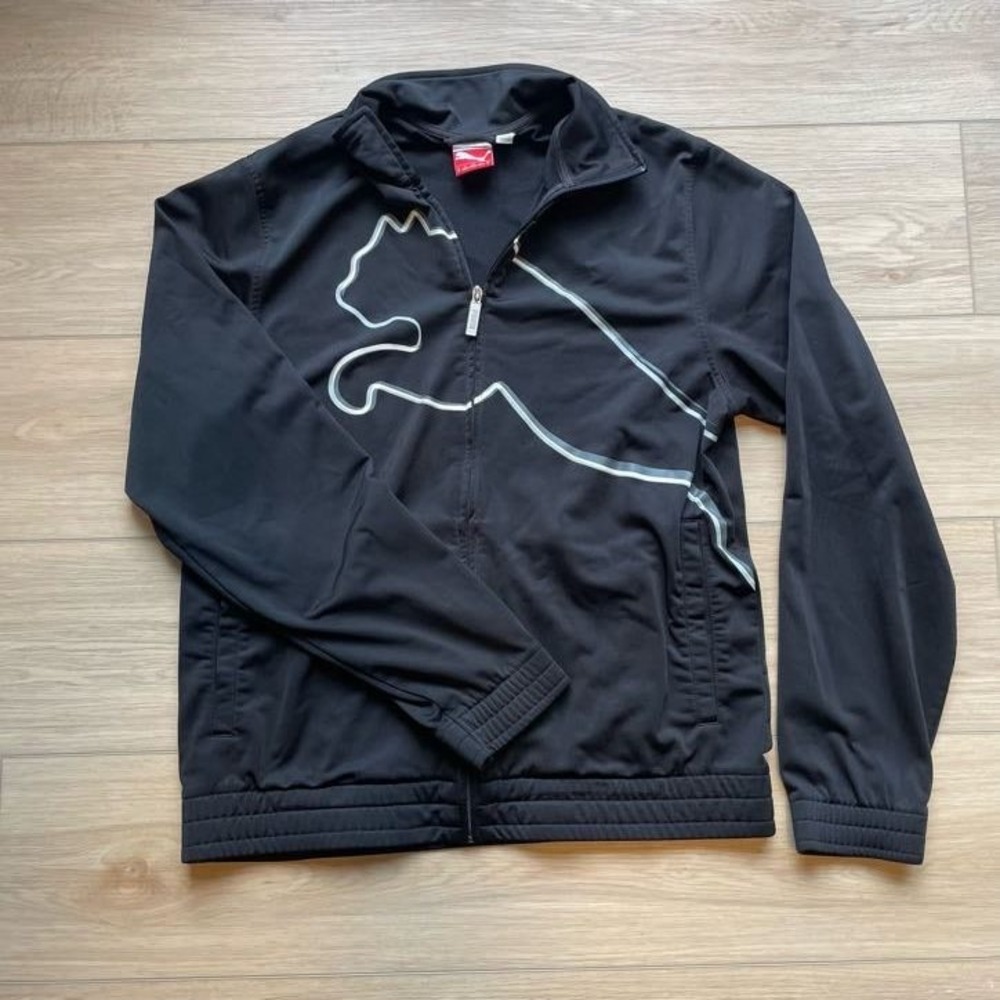 Puma Sport Lifestyle Mens Track Jacket Black Silver Big Logo Full Zip Size M